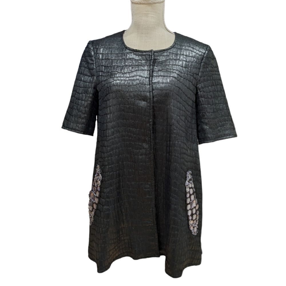 GRYPHON New York Black Faux Leather Short Sleeve Jacket Crystal Pocket Size M